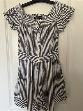 Zara grey and White Striped Off-Shoulder Button Romper with Tie Waist